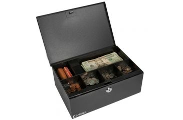 Image of Barska 12in. Cash Box, 6 Compartment Coin Tray, Open and Full CB11792
