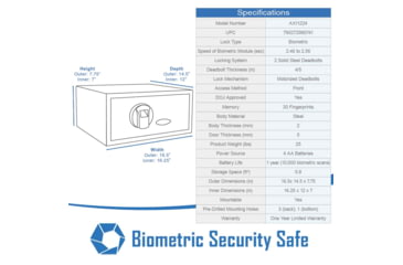 Image of Barska Biometric Fingerprint Safe, Black, 16.25x14.25x7in w/Memory AX11224