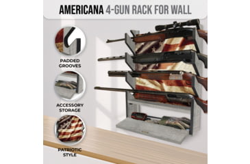 Image of Rush Creek Creations 4 Gun Wall Rack w/Storage, Barn Wood/Americana Flag, 38-4047