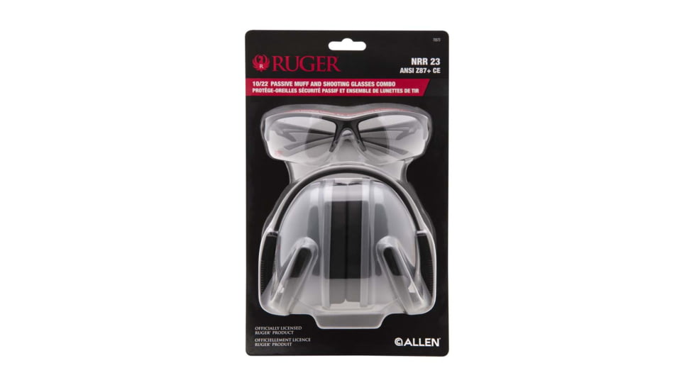 Allen Ruger 10/22 Passive Earmuffs and Shooting Glasses Combo, 23dB NRR, Soft Foam Ear Cups, Adjustable Padded Headband, Polycarbonate Lens, UV Protection, Glasses ANSI Z87.1+ Rated, Gray, 70573