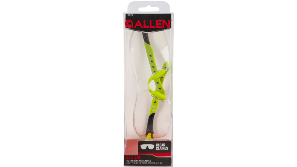 Allen All-In Youth Shooting Safety Glasses, Green/Black Frame, Clear Lenses, Youth, 2376