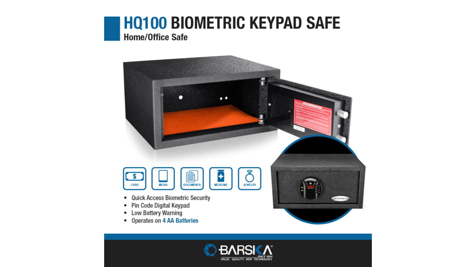 Barska 0.46 Cubic Fit HQ100 Biometric Keypad Safe, Black, Small, AX12888