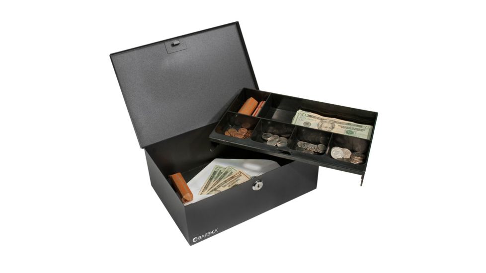 Barska 12in. Cash Box w/ 6 Compartment Coin Tray, Key Lock, In Use CB11792