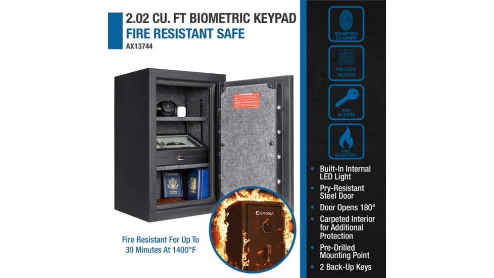 Barska 2.02 Cu. ft Biometric Keypad Fire Resistant Safe, Black, Medium, AX13744