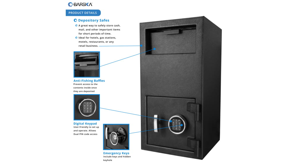 Barska DX-300 Large Depository Keypad Safe, Anti-Fishing Baffles, 3 Steel Locking Bolts, Black AX12590