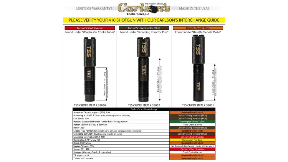 Carlson's Choke Tubes Choke Tube, Short Invector 1.5in Flush Stevens 301, .410 Bore, Turkey, Tungsten Steel Shot, 17-4 SS, Black, 38030