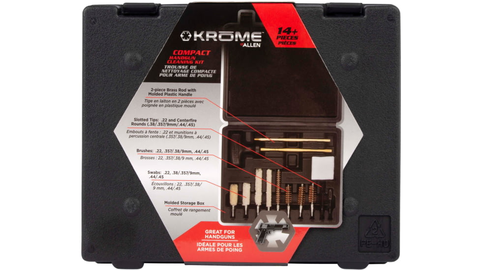 Krome Compact Handgun Cleaning Kit, .22/.38/9mm/.357/.44/.45 Caliber, 14-Pieces, Black, 6.5 in x 7.75 in, 70607