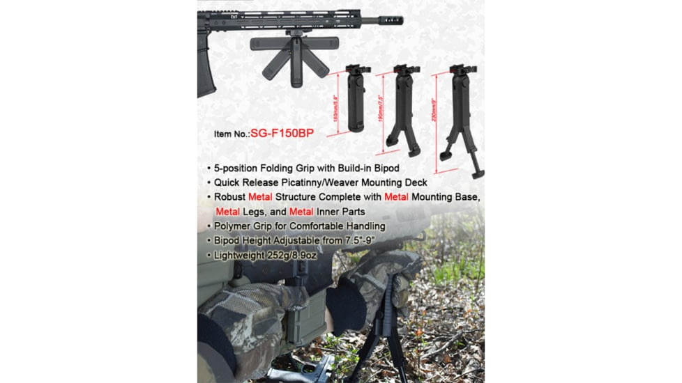 Lion Gears Bipod QR 5-position Folding Grip Bipod, Black, LG-SG-F150BP