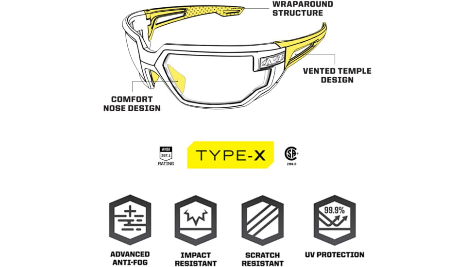Mechanix Wear Tactical Type-X Shooting Glasses, Black Frame, Clear Lens, Bag, VXF-10AF-PU