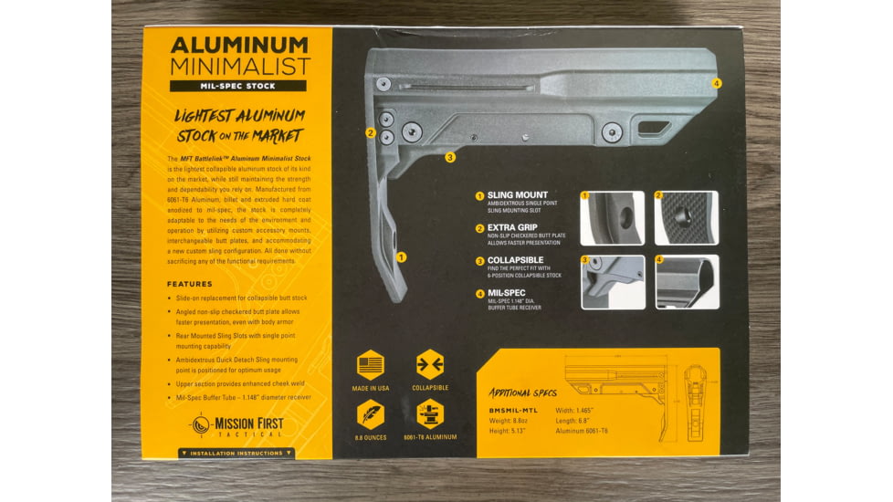 Mission First Tactical Battlelink Minimalist Mil-Spec Stock for AR-15, Black, Aluminum, BMSMIL-MTL-BL