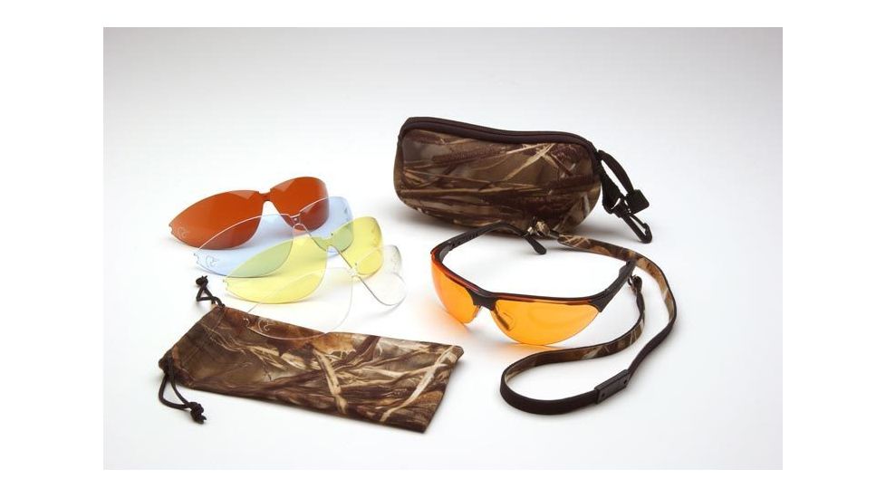 Pyramex Rendezvous Ducks Unlimited Shooting Glasses - Black Frame, Amber, Sun Block Bronze, Infinity Blue, and Clear Lenses w/ Neoprene Case, Microfiber Cleaning Bag and Camo Breakaway Cords DUCAB