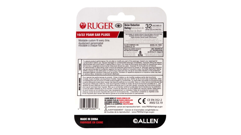 Ruger 10/22 Foam Ear Plugs, 32dB NRR, ANSI S3.19 &amp; CE EN352-2 Rated, 6-Pairs Per Pack, 70563