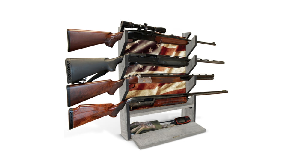 Rush Creek Creations 4 Gun Wall Rack w/Storage, Barn Wood/Americana Flag, 38-4047