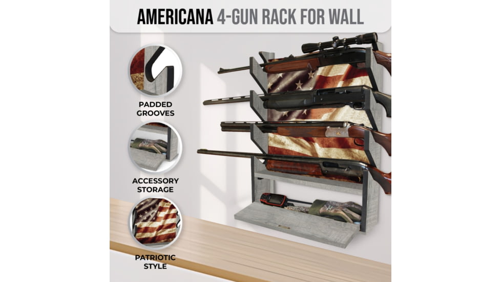 Rush Creek Creations 4 Gun Wall Rack w/Storage, Barn Wood/Americana Flag, 38-4047