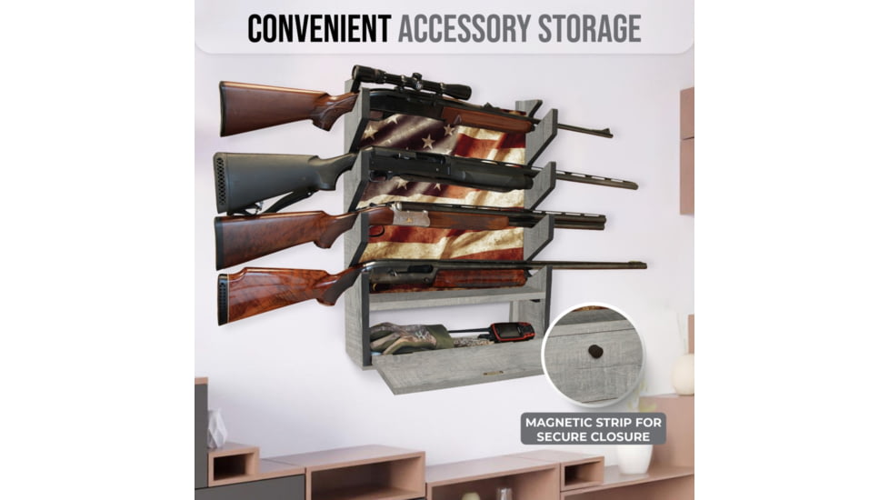 Rush Creek Creations 4 Gun Wall Rack w/Storage, Barn Wood/Americana Flag, 38-4047