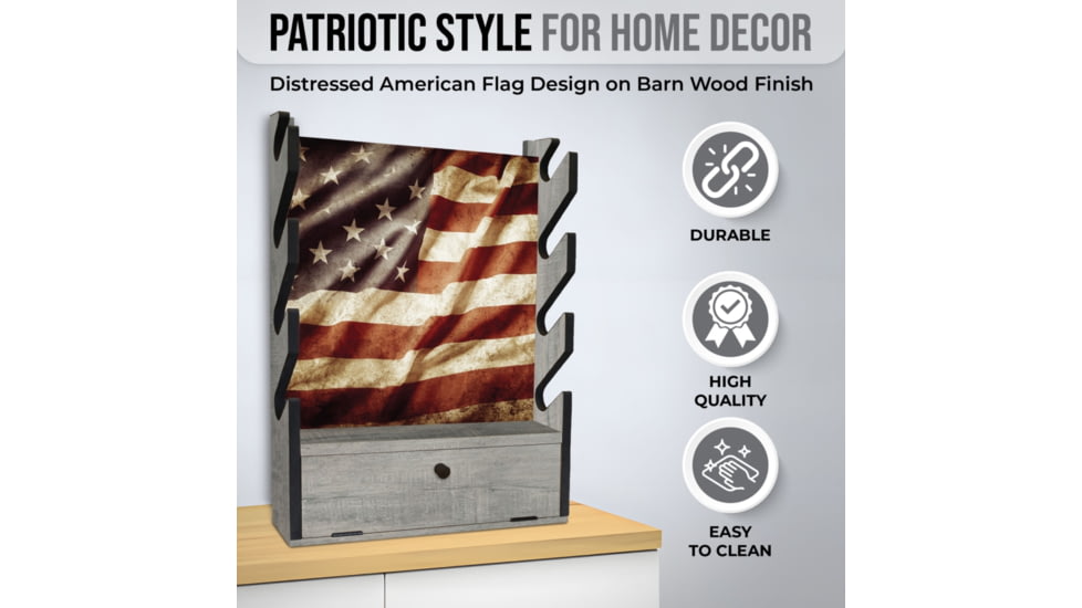Rush Creek Creations 4 Gun Wall Rack w/Storage, Barn Wood/Americana Flag, 38-4047