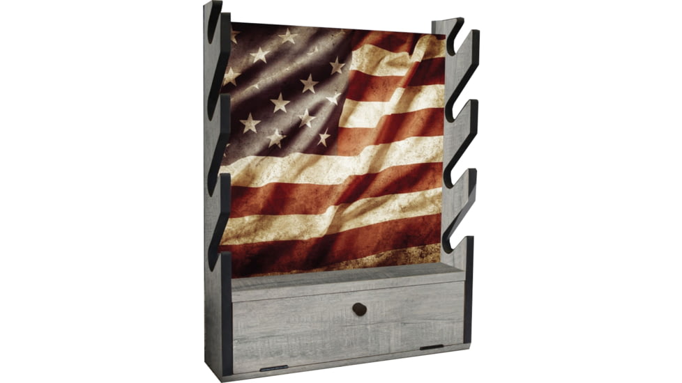 Rush Creek Creations 4 Gun Wall Rack w/Storage, Barn Wood/Americana Flag, 38-4047