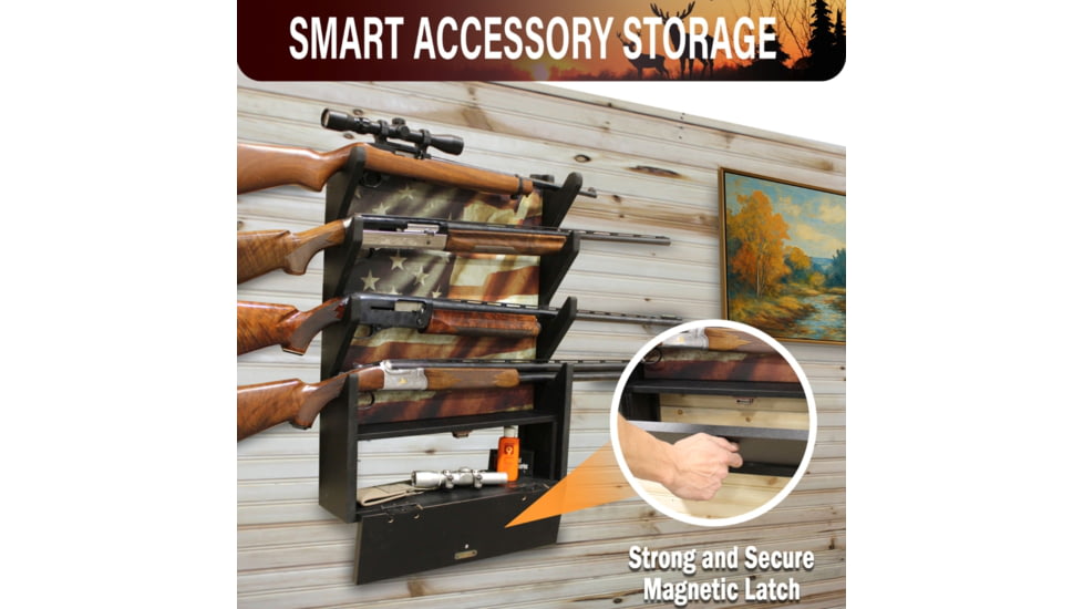 Rush Creek Creations 4 Gun Wall Rack w/Storage, Black, 38-8084