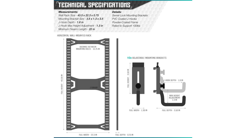 Savior Equipment Horizontal Wall Rack w/10 Hooks, Black, 43.5in H x 22.3in W x 0.75in D, RK-ARC5FG-WM-BK