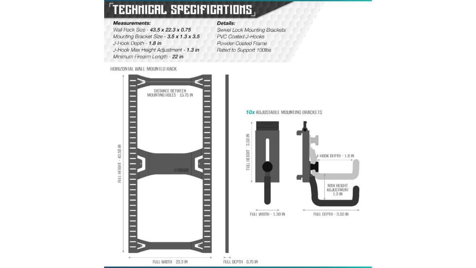 Savior Equipment Horizontal Wall Rack w/10 Hooks, Green, 43.5in H x 22.3in W x 0.75in D, RK-ARC5FG-WM-OG