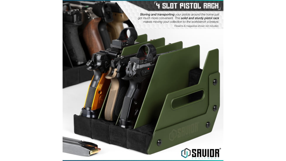 Savior Equipment 4 Slot Pistol Rack, OD Green, 7in H x 8.5in L x 9.5in D, RK-HAND-XFOUR-OG