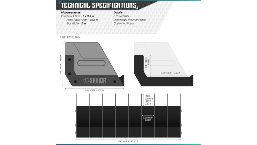 Savior Equipment 8 Slot Pistol Rack, Black, 7in H x 16.5in L x 9.5in D, RK-HAND-X8-BK