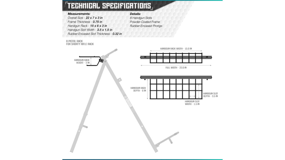 Savior Equipment Pistol Rack Attachment for Shorty Rifle Rack - 8 Slots, Black, Black, 22in x 7in x 3in, RK-SBR9-ACC-8PIS-BK