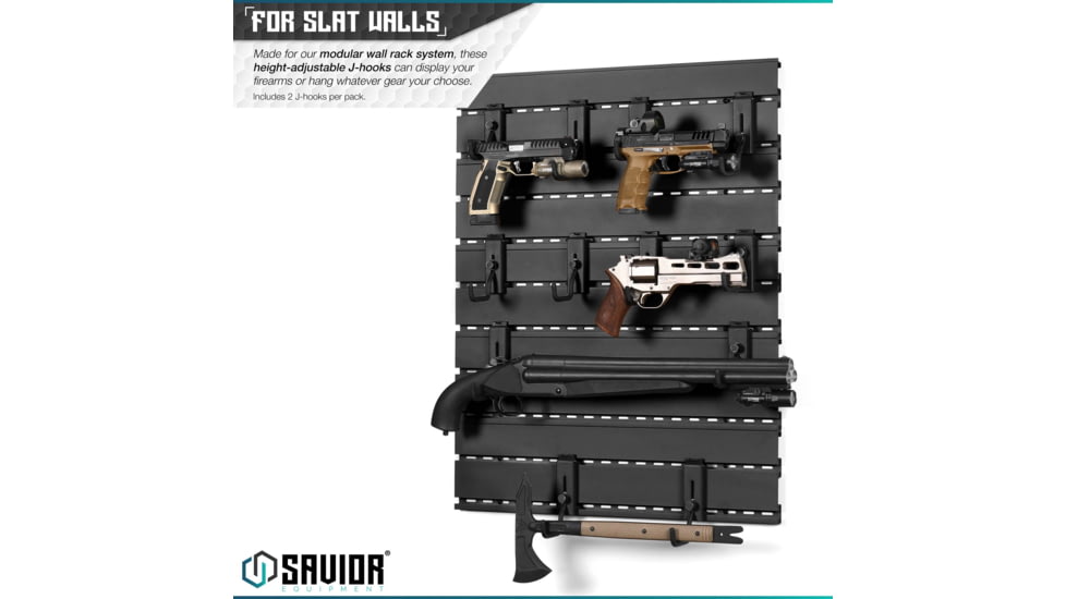 Savior Equipment Wall Rack System Adjustable J-Hook, 2 Pack, Black, 3.5x1.3x3.5in, WRS-ACC-PS2-BK