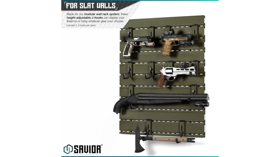 Savior Equipment Wall Rack System Adjustable J-Hook, 2 Pack, OD Green, 3.5in x 1.3in x 3.5in, OD Green, 3.5in x 1.3in x 3.5in, WRS-ACC-PS2-OG