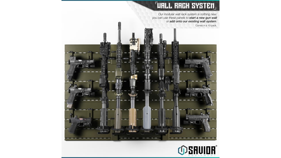 Savior Equipment Wall Rack System w/10 Panels, OD Green, 24in x 6.25in x0.63in, OD Green, 24in x 6.25in x0.63in, WRS-PAN10-OG