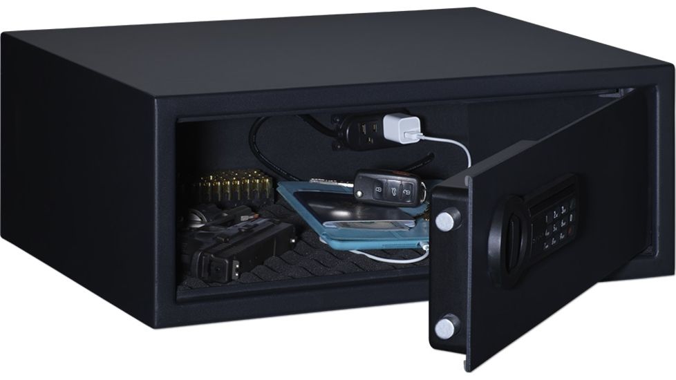 Stack-On Extra Wide Safe with Electronic Lock and Factory Installed Internal Electrical Outlet, Black, Small PSE-507