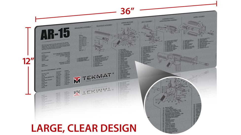 TekMat 36in Printed Gun Cleaning Mat AR-15, Grey, TEK-36-AR15-GY