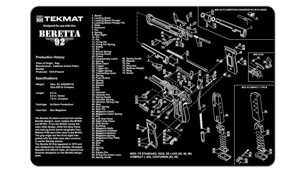 TekMat Beretta 92 M9 Gun Cleaning Mat,11x17in,Black 17-BER92
