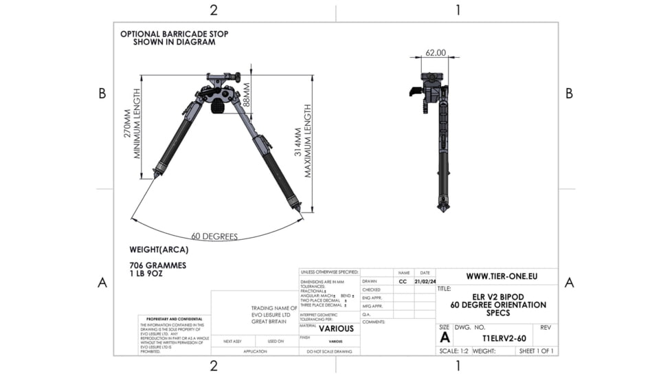 Tier One ELR V2 Competition Bipod - QD Picatinny Tilt Only, Black, T1ELRBIPODQDT