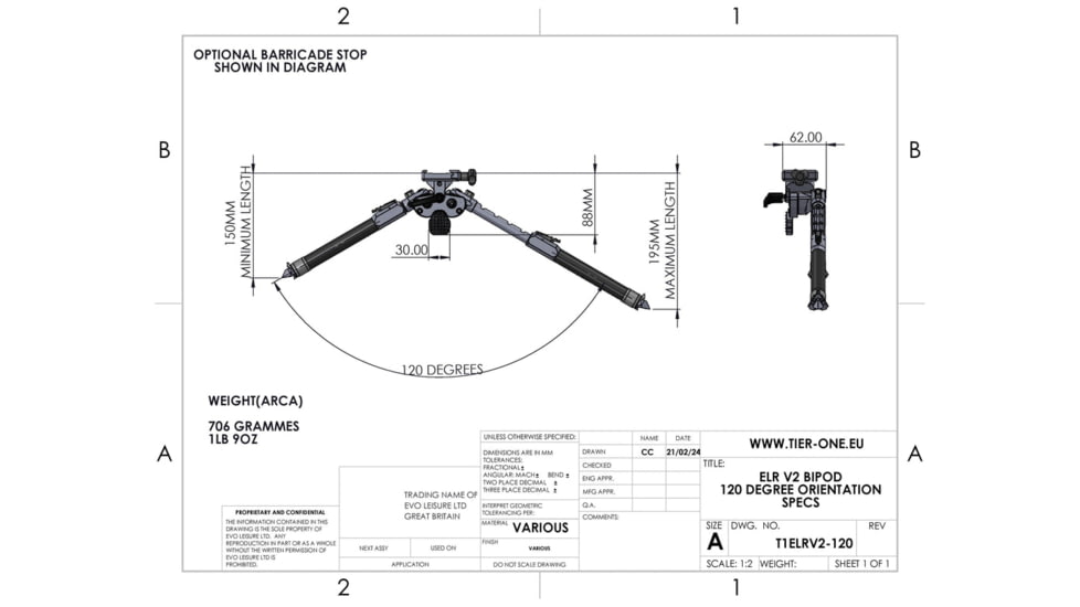 Tier One ELR V2 Competition Bipod - QD Picatinny Tilt Only, Black, T1ELRBIPODQDT