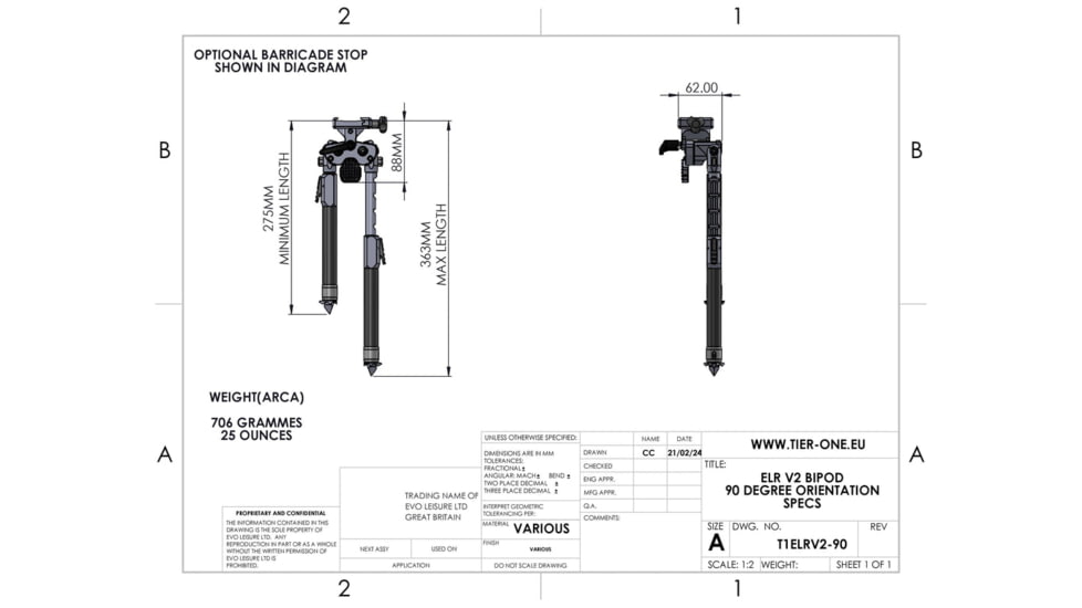 Tier One ELR V2 Competition Bipod - QD Picatinny Tilt Only, Black, T1ELRBIPODQDT