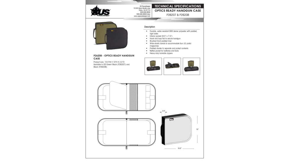 US PeaceKeeper P26208 Handgun Case Black Holds 1 Handgun Polyester, P26208